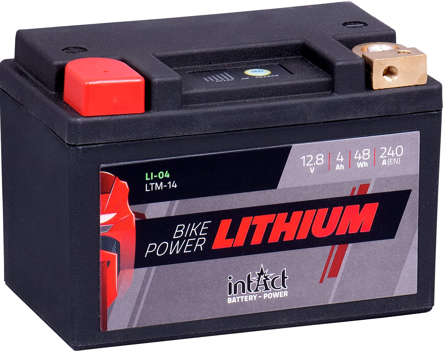 intAct - LITHIUM MOTORRADBATTERIE | Batterie für Roller, Motorrad, Quads uvm. Bis zu 75% Gewichtseinsparung | Bike-Power LI-04, LTM14, 12,8V Batterie, 4 AH (c10), 48 Wh, 240 A (CCA) | Maße: 148x86x105mm von Intact