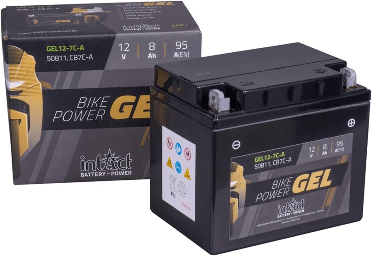 intAct - GEL MOTORRADBATTERIE | Batterie mit +30% Startleistung. Für Roller, Motorrad, Quad, Rasentraktor | Bike-Power GEL12-7C-A, CB7C-A, 12V Batterie, 8 AH (c20), 95 A (EN) | Maße: 130x90x114mm von Intact