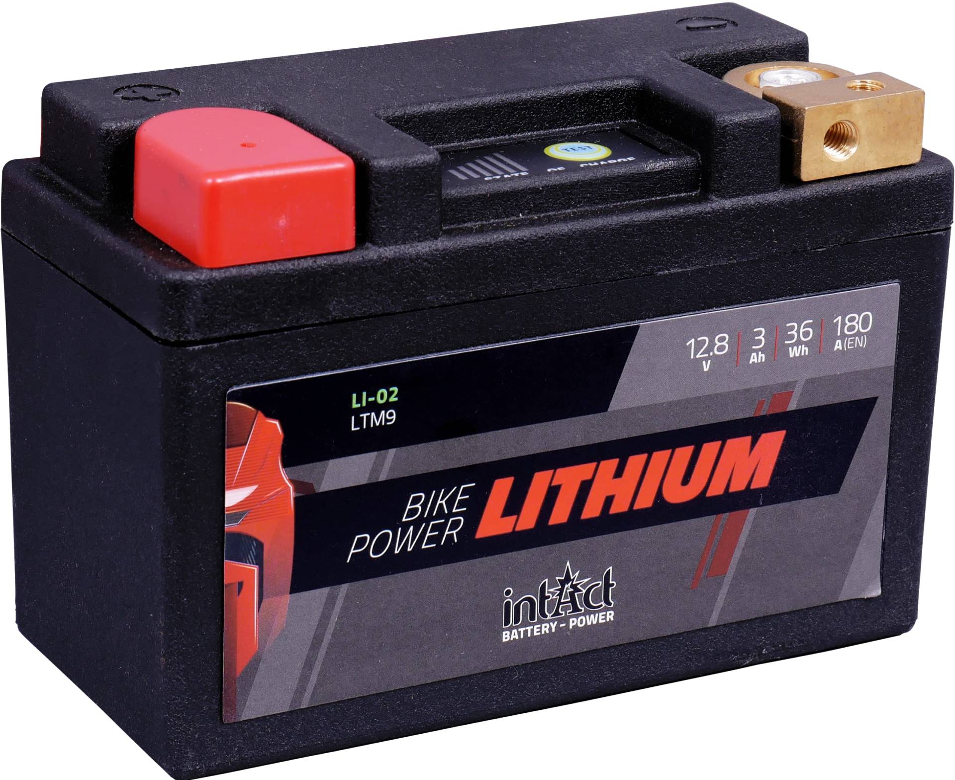 intAct - LITHIUM MOTORRADBATTERIE | Batterie für Roller, Motorrad, Quads uvm. Bis zu 75% Gewichtseinsparung | Bike-Power LI-02, LTM9, 12,8V Batterie, 3 AH (c10), 36 Wh, 180 A (CCA) | Maße: 134x65x92mm von Intact