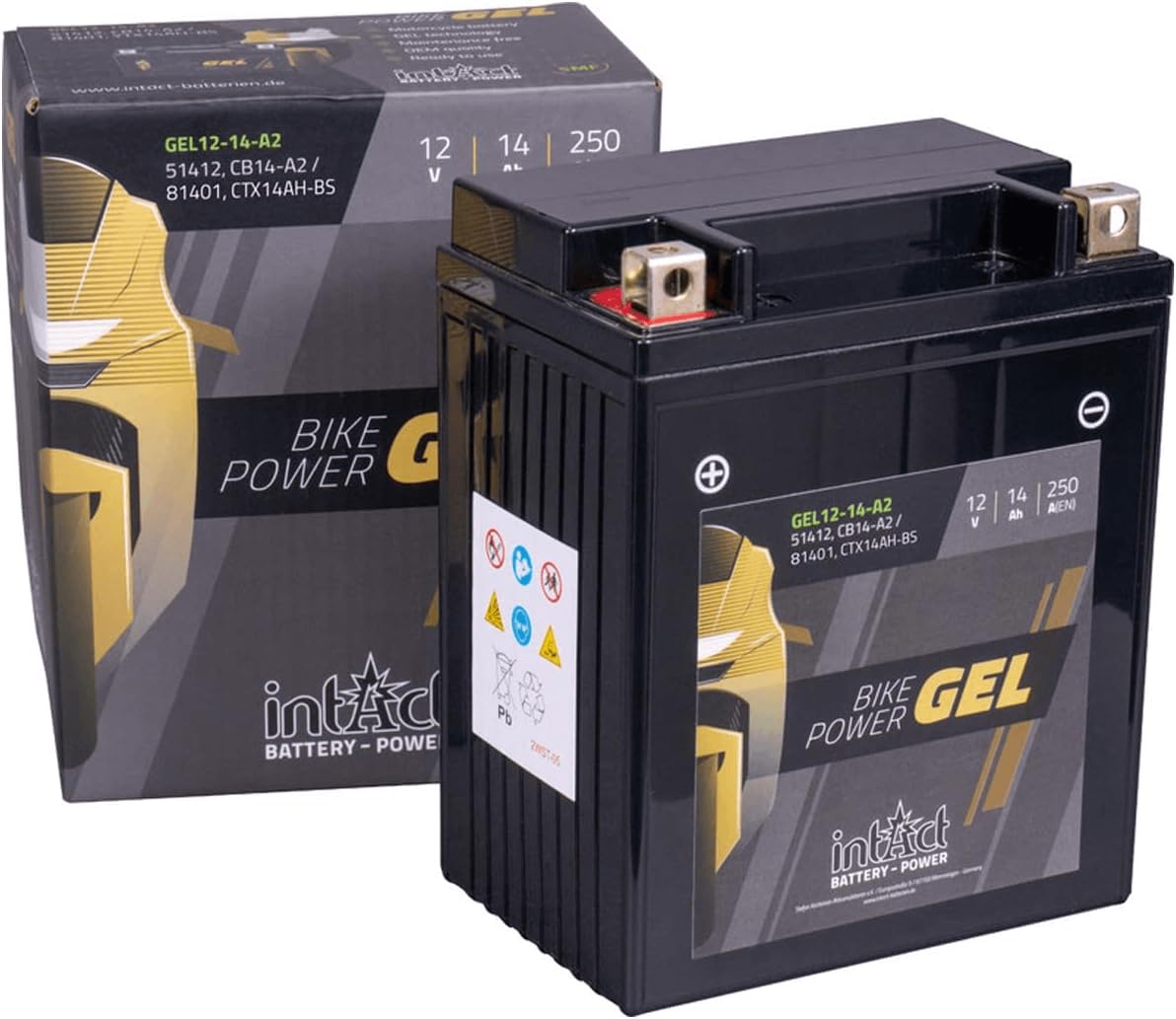 intAct - GEL MOTORRADBATTERIE GEL12-14-A2. Ersetzt YB14-A2, YB14A-A2, YTX14AH-BS. Motorradbatterie 12V 14Ah 250A. Maße: 134x89x166mm. Mit bis zu 30% mehr Startleistung. von Intact