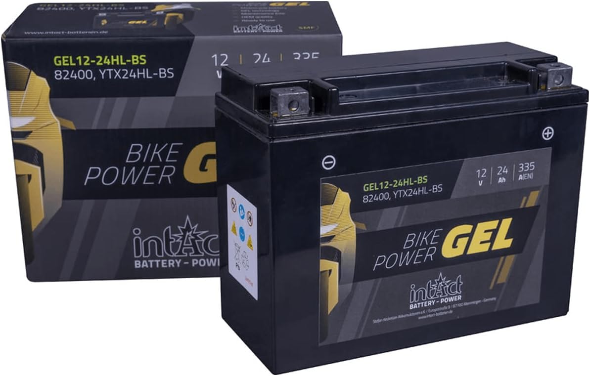 intAct - GEL MOTORRADBATTERIE | Batterie mit +30% Startleistung. Für Roller, Motorrad, Quad, Rasentraktor | Bike-Power GEL12-24HL-BS, CTX24HL-BS, 12V Batterie, 24 AH (c20), 335 A (EN) | Maße: 205x87x162mm von Intact