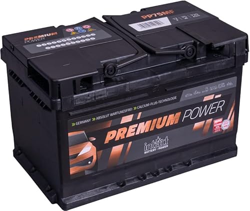 intAct Premium-Power PP75MF, 30% mehr Startleistung, wartungsfreie Autobatterie 12V 75Ah 720 A (EN), Schaltung 0 (Pluspol rechts), Maße (LxBxH): 278x175x175mm von Intact