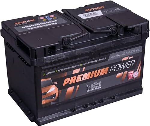 intAct Premium-Power PP75MF, 30% mehr Startleistung, wartungsfreie Autobatterie 12V 75Ah 720 A (EN), Schaltung 0 (Pluspol rechts), Maße (LxBxH): 278x175x175mm von Intact