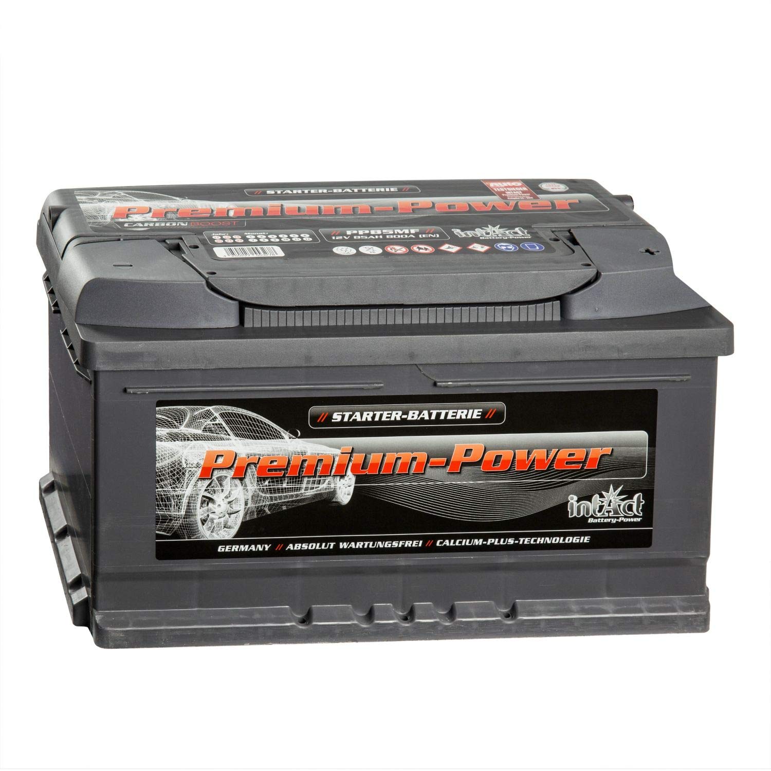 intAct Premium Starterbatterie 12V 85Ah 800A - Autobatterie mit 30% mehr Startleistung und Schnellladetechnik - auslaufsicher und wartungsfrei - Maße (LxBxH): 317x175x175mm, Pluspol rechts von Intact