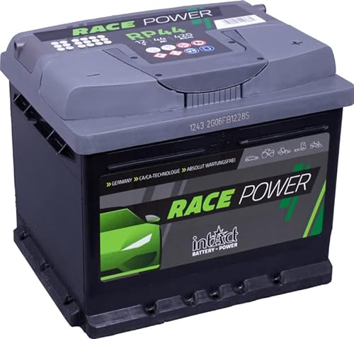 intAct Race-Power RP44, 15% mehr Startleistung, wartungsfreie Autobatterie 12V 44Ah 420 A (EN), Schaltung 0 (Pluspol rechts), Maße (LxBxH): 210x175x175mm von Intact
