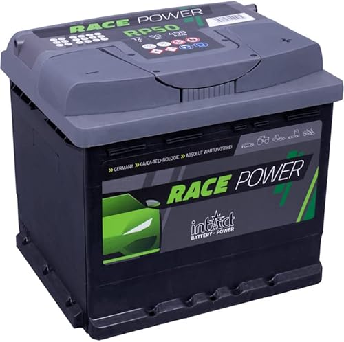 intAct Race-Power RP50, 15% mehr Startleistung, wartungsfreie Autobatterie 12V 50Ah 450 A (EN), Schaltung 0 (Pluspol rechts), Maße (LxBxH): 210x175x190mm von Intact