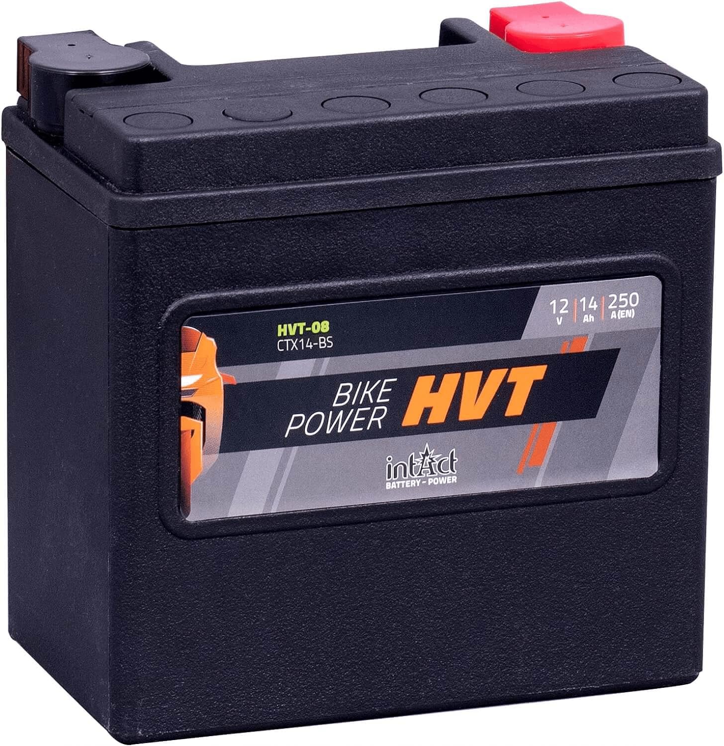 intAct - HVT MOTORRADBATTERIE | Batterie für Roller, Motorrad, Rasentraktor. Wartungsfreier & auslaufsicherer Akku. | HVT-08, CTX14-BS, 65948-00, 12V Batterie, 14 AH (c20), 250 A (EN) | Maße: 150x87x145mm von Intact