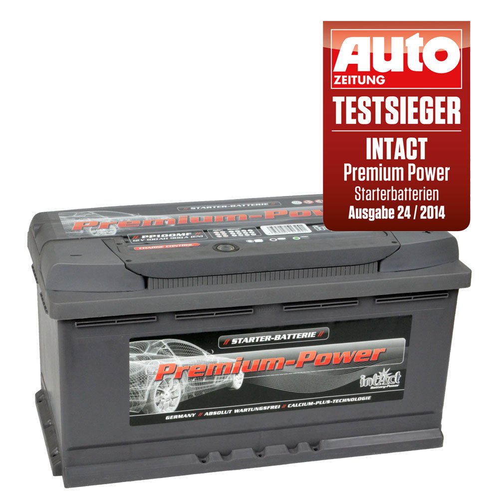 intAct Premium-Power PP100MF, 30% mehr Startleistung, wartungsfreie Autobatterie 12V 100Ah 900 A (EN), Schaltung 0 (Pluspol rechts), Maße (LxBxH): 353x175x190mm von Intact