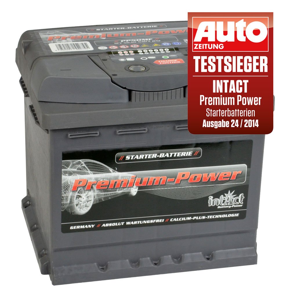intAct Premium Starterbatterie 12V 50Ah 540A - Autobatterie mit 30% mehr Startleistung und Schnellladetechnik - auslaufsicher und wartungsfrei - Maße (LxBxH): 210x175x190mm, Pluspol rechts intAct Premium Starterbatterie 12V 50Ah 540A - Autobatterie mit 30% mehr Startleistung und Schnellladetechnik - auslaufsicher und wartungsfrei - Maße (LxBxH): 210x175x190mm, Pluspol rechts von Intact