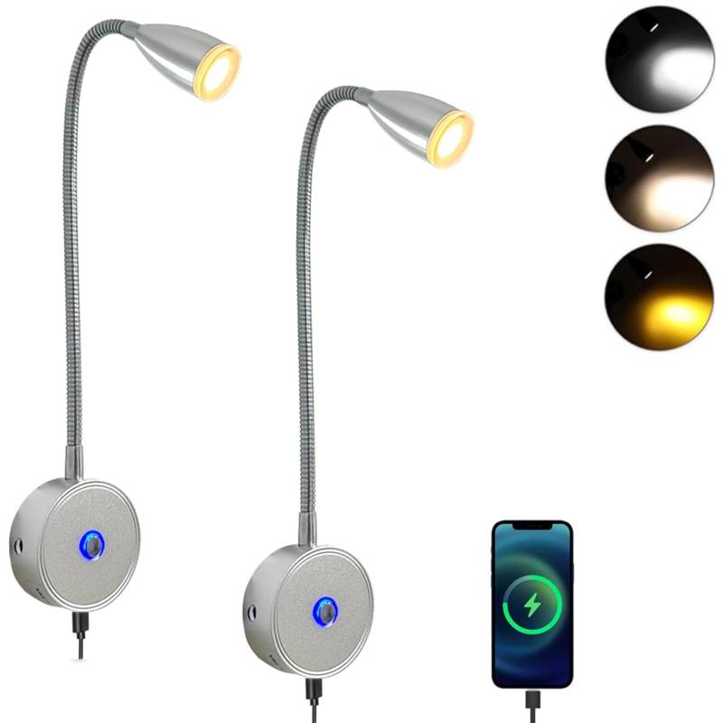 Intckwan 12 Volt Led Lampen Wohnmobil, 12v Leselampe Bett, 3 Farbtemperaturen, 3W Dimmbar, Flexible Schwanenhals, DC12-24v Led Spot für Auto LKW Wohnwagen Wohnmobil Camping Boot(2 Stück) von Intckwan