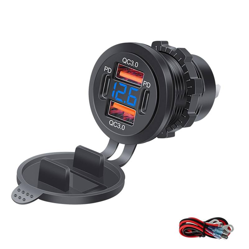 Intckwan 12v USB Steckdose, 78W, 4 Ports (2xQC3.0 + 2xPD) Ladegerät mit Blauem LED-Voltmeter, USB-Einbaubuchse für 12-24V Fahrzeuge - Auto, Motorrad, LKW, Boot, Wohnwagen - Schnellladen & Robust von Intckwan