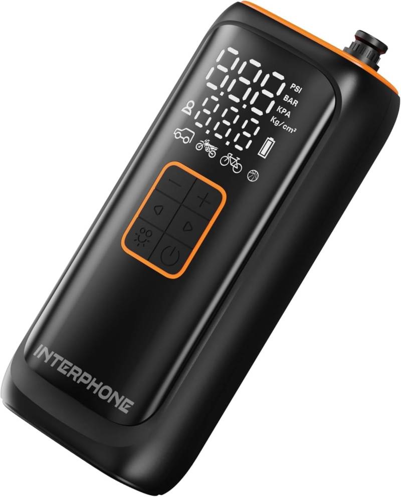 Interphone Compressore Portatile Ricaricabile Moto Auto Bici - Kit Gonfiaggio Gomme - PowerBank - fino a 4 Gomme - 4 Minuti a Gomma - Luce Led - Display Pressione von Interphone