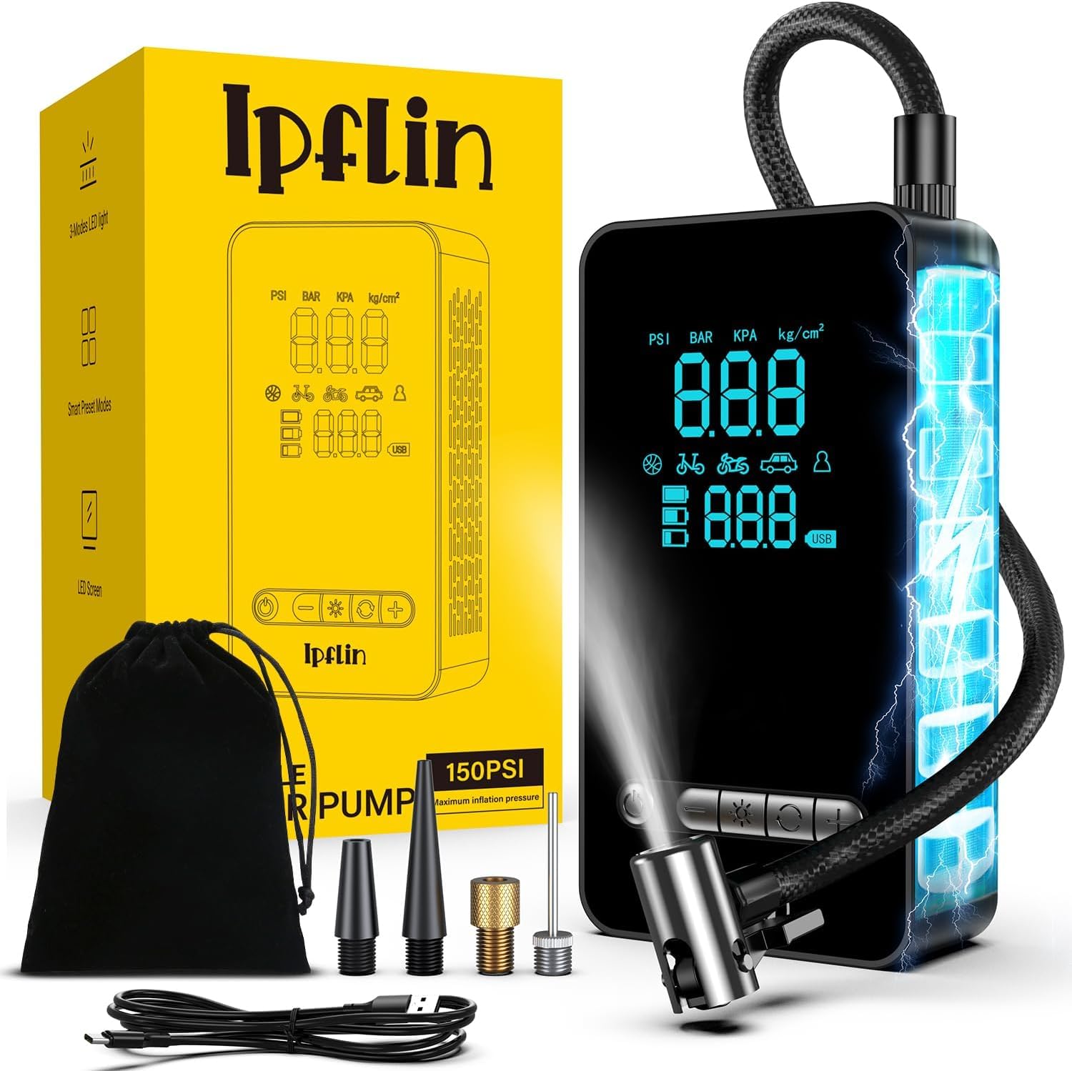 Elektrische Luftpumpe, 150 PSI Tragbare Fahrradpumpe Luftpumpe Elektrisch Wiederaufladbarer, Luftpumpe Elektrisch mit LED-Licht, Luftpumpe Fahrrad für Auto, E-Bike, Motorrad Elektrische Luftpumpe, 150 PSI Tragbare Fahrradpumpe Luftpumpe Elektrisch Wiederaufladbarer, Luftpumpe Elektrisch mit LED-Licht, Luftpumpe Fahrrad für Auto, E-Bike, Motorrad von Ipflin