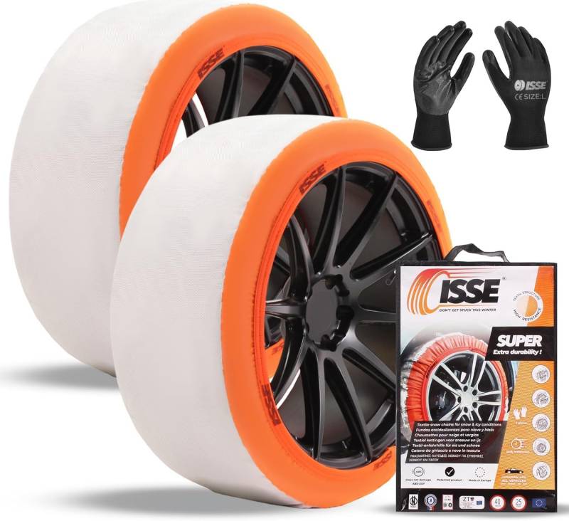 Schneeketten ISSE Super T-70 | Homologierte - EN 16662-1 - Textil-Schneeketten für Autos - Universelle Ketten für den täglichen Einsatz bei Schnee und Eis - Kit mit 2 Schneeketten + Handschuhe von Isse