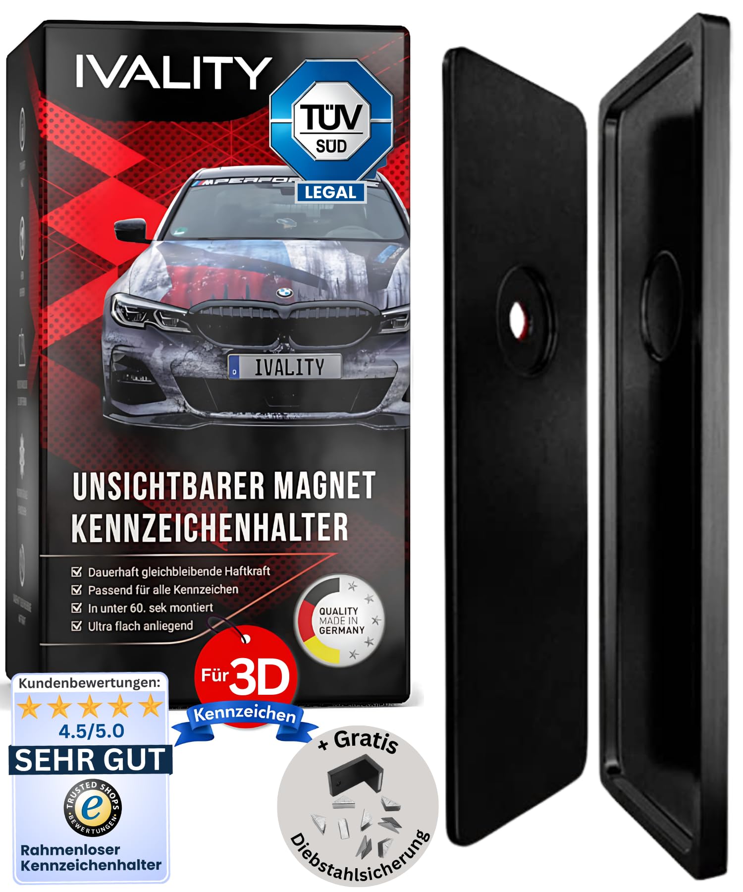 IVALITY® 1x Magnetischer Kennzeichen-Halter - Rahmenloser Magnet-Halter für 1x 3D-Kennzeichen - Nummernschild-Halterung - Wechselkennzeichen Auto-Zubehör von Ivality