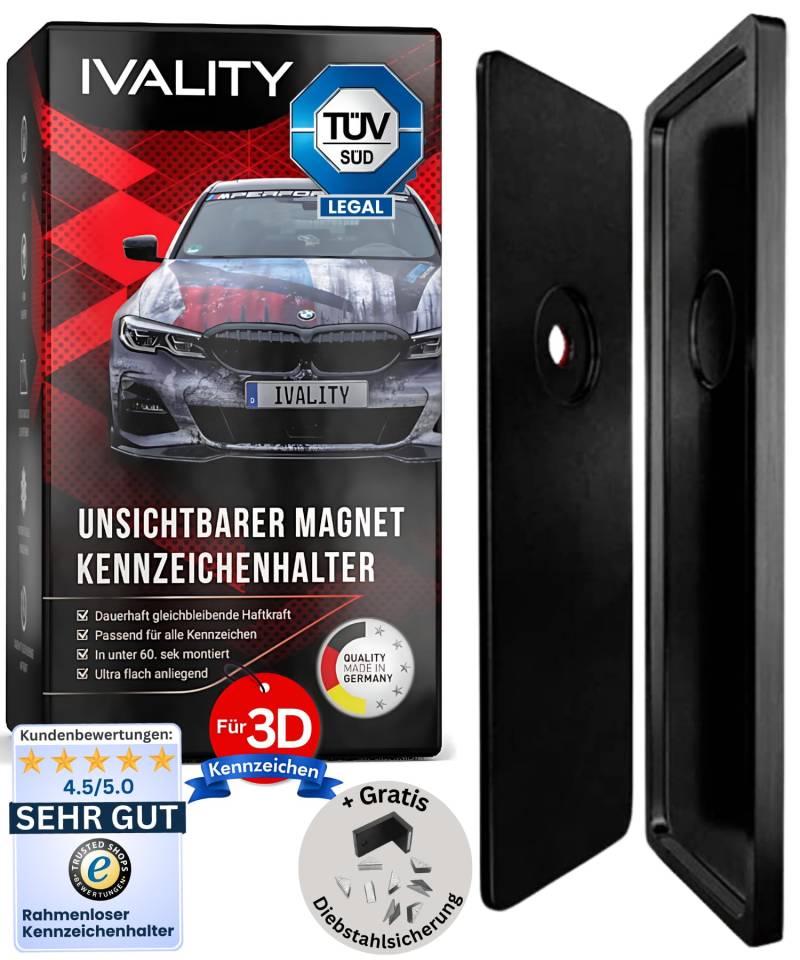 IVALITY® 1x Magnetischer Kennzeichen-Halter - Rahmenloser Magnet-Halter für 1x 3D-Kennzeichen - Nummernschild-Halterung - Wechselkennzeichen Auto-Zubehör von Ivality
