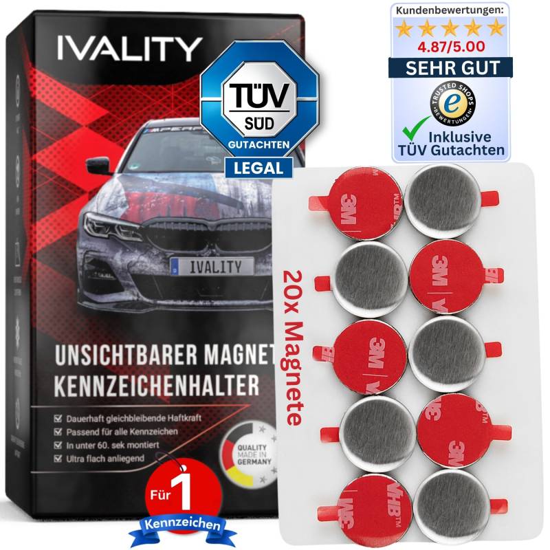 IVALITY® 100% Clean | Magnet Kennzeichenhalter hinter der Stoßstange für 1 Kennzeichen | Rahmenlose Magnetische Nummernschildhalterung Auto | Kennzeichenhalterung Nummernschildhalter von Ivality