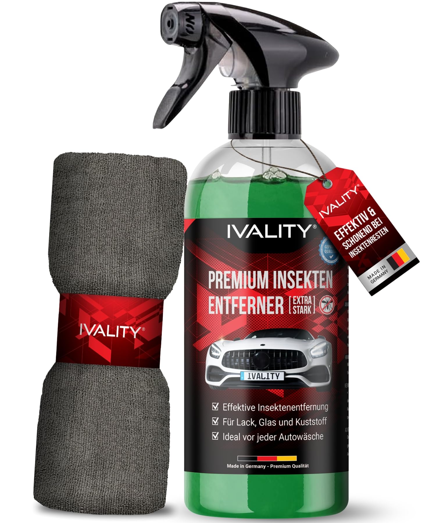 IVALITY® Insektenentferner Auto löst effektiv hartnäckige Insektenrückstände - Insektenreiniger für Auto, Wohnmobil & Motorrad - Flugrostentferner - 750ml (Insektenentferner + Tuch) von Ivality