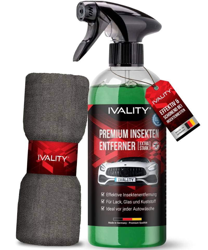 IVALITY® Insektenentferner Auto löst effektiv hartnäckige Insektenrückstände - Insektenreiniger für Auto, Wohnmobil & Motorrad - Flugrostentferner - 750ml (Insektenentferner + Tuch) von Ivality