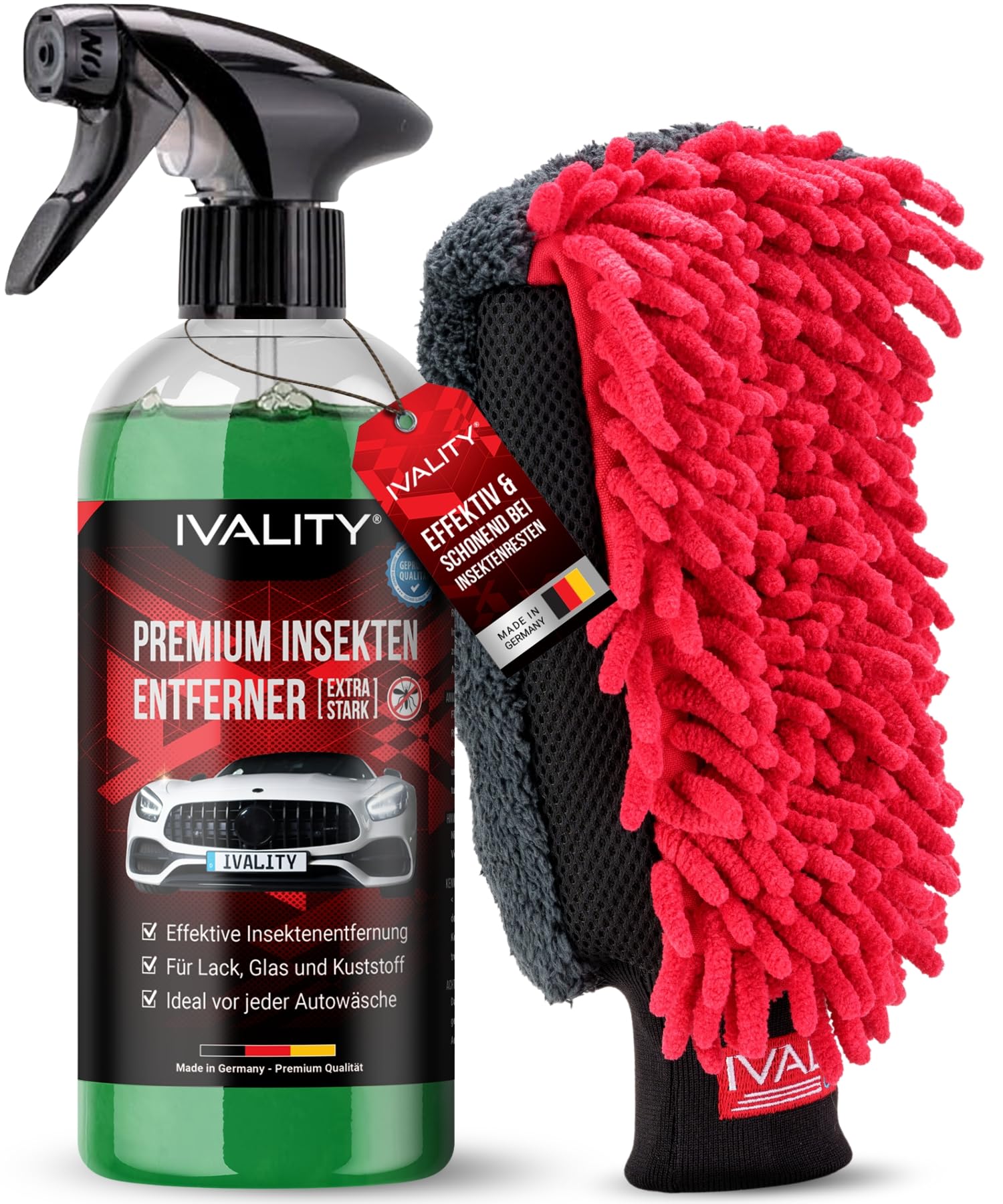 IVALITY® Insektenentferner Auto löst effektiv hartnäckige Insektenrückstände - Insektenreiniger für Auto, Wohnmobil & Motorrad - Flugrostentferner - 750ml (Insektenentferner + Waschhandschuh) von Ivality