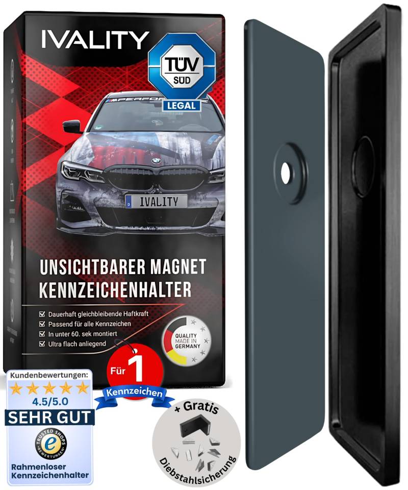 Ivality® Magnet Kennzeichenhalter Rahmenlos für 1 Kennzeichen | Magnetische Nummernschildhalterung Auto | Kennzeichenhalterung Nummernschildhalter | Österreich Wechselkennzeichen von Ivality