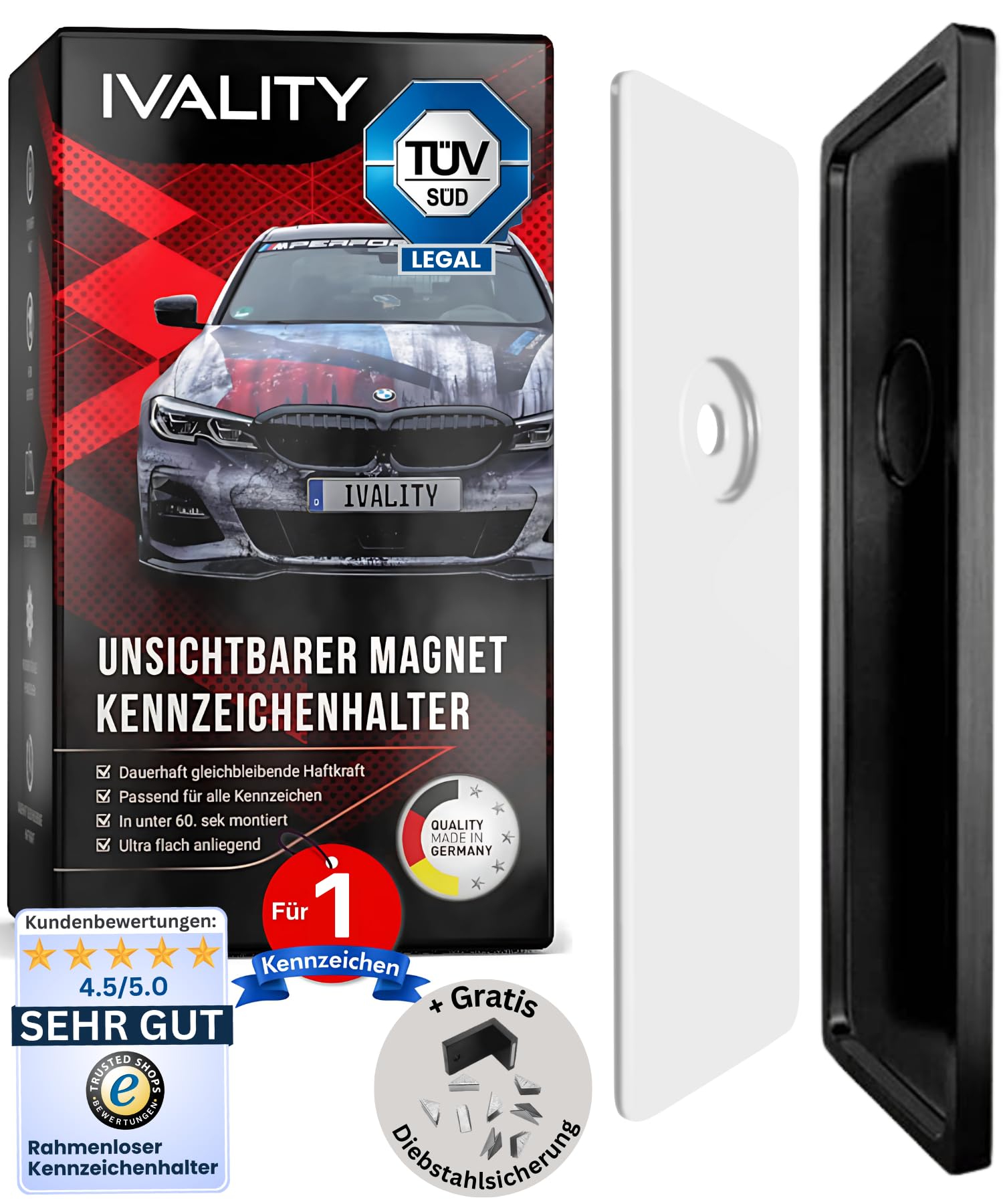 Ivality® Magnet Kennzeichenhalter Rahmenlos für 1 Kennzeichen | Magnetische Nummernschildhalterung Auto | Kennzeichenhalterung Nummernschildhalter | Österreich Wechselkennzeichen von Ivality