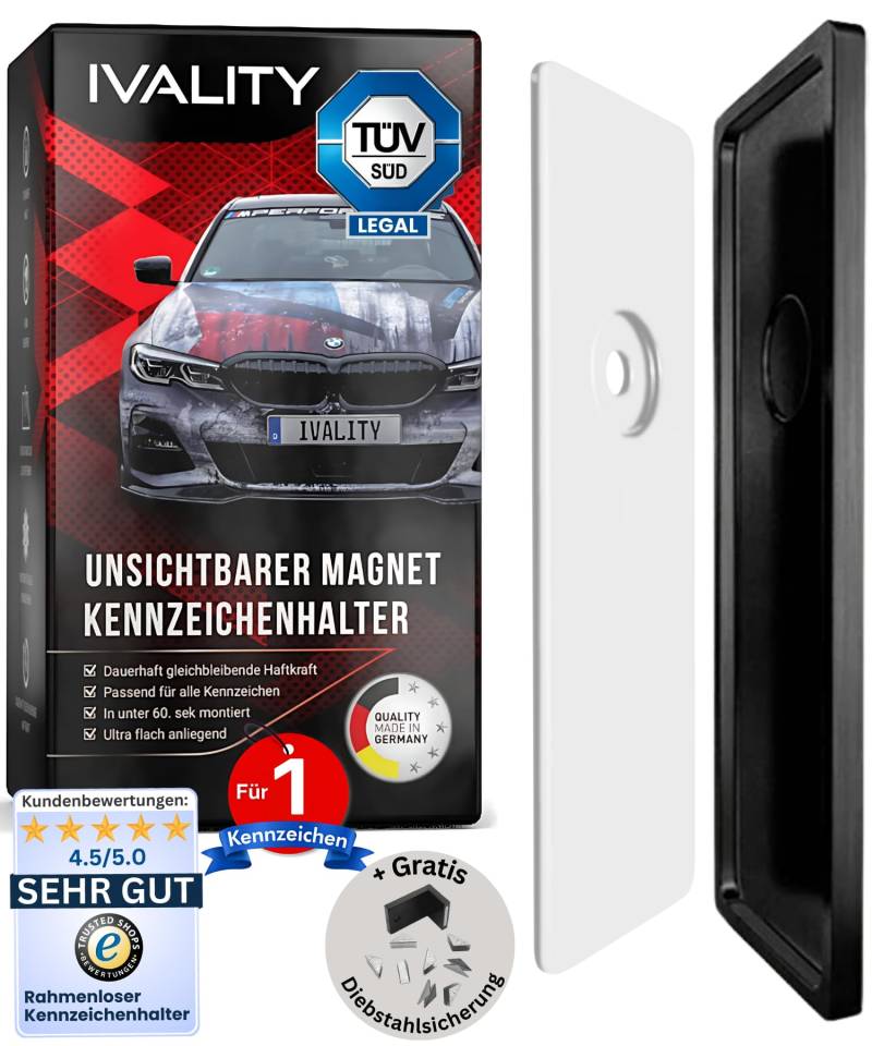 Ivality® Magnet Kennzeichenhalter Rahmenlos für 1 Kennzeichen | Magnetische Nummernschildhalterung Auto | Kennzeichenhalterung Nummernschildhalter | Österreich Wechselkennzeichen von Ivality
