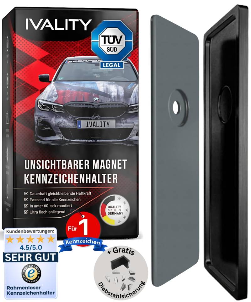 IVALITY® Magnet Kennzeichenhalter Rahmenlos für 1 Kennzeichen | Magnetische Nummernschildhalterung Auto | Kennzeichenhalterung Nummernschildhalter | Österreich Wechselkennzeichen von Ivality