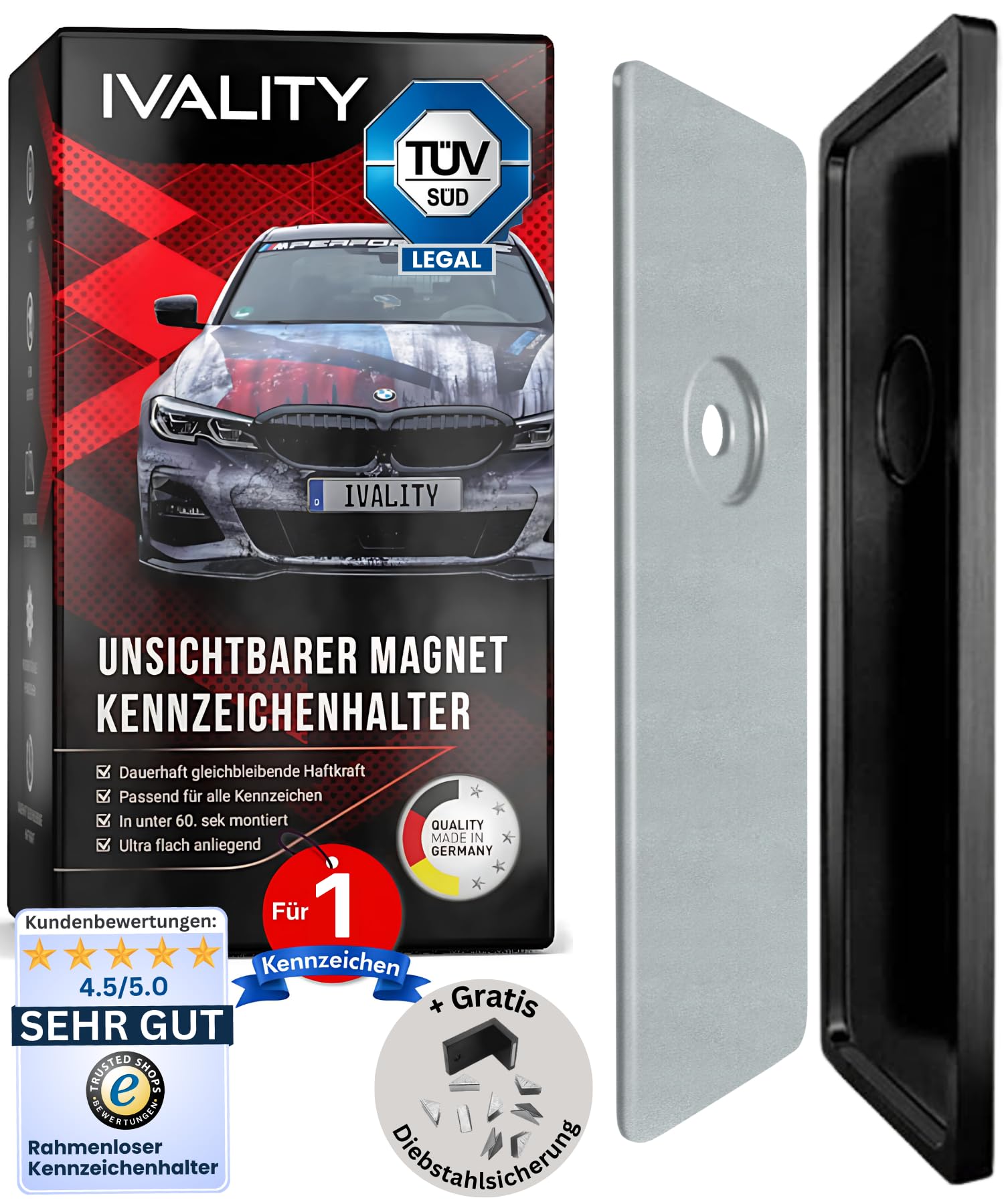 IVALITY® Magnet Kennzeichenhalter Rahmenlos für 1 Kennzeichen - Magnetische Nummernschildhalterung Auto - Kennzeichenhalterung Nummernschildhalter von Ivality