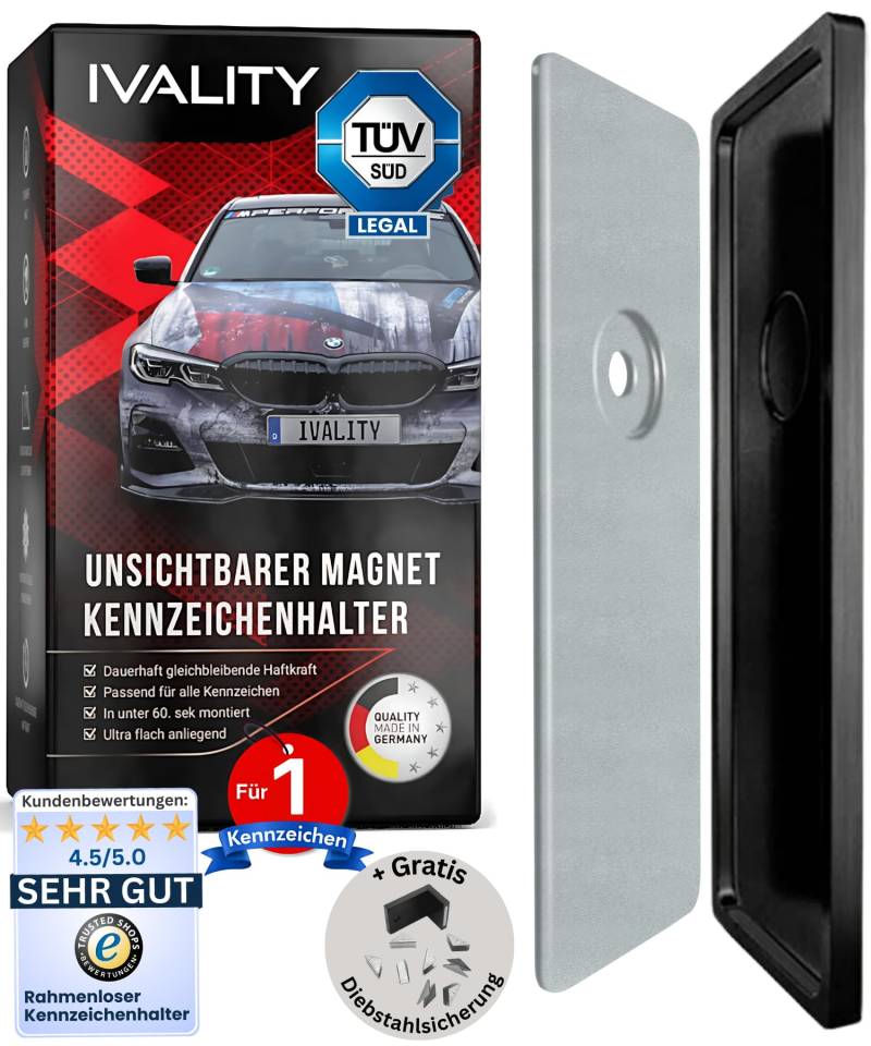 IVALITY® Magnet Kennzeichenhalter Rahmenlos für 1 Kennzeichen - Magnetische Nummernschildhalterung Auto - Kennzeichenhalterung Nummernschildhalter von Ivality