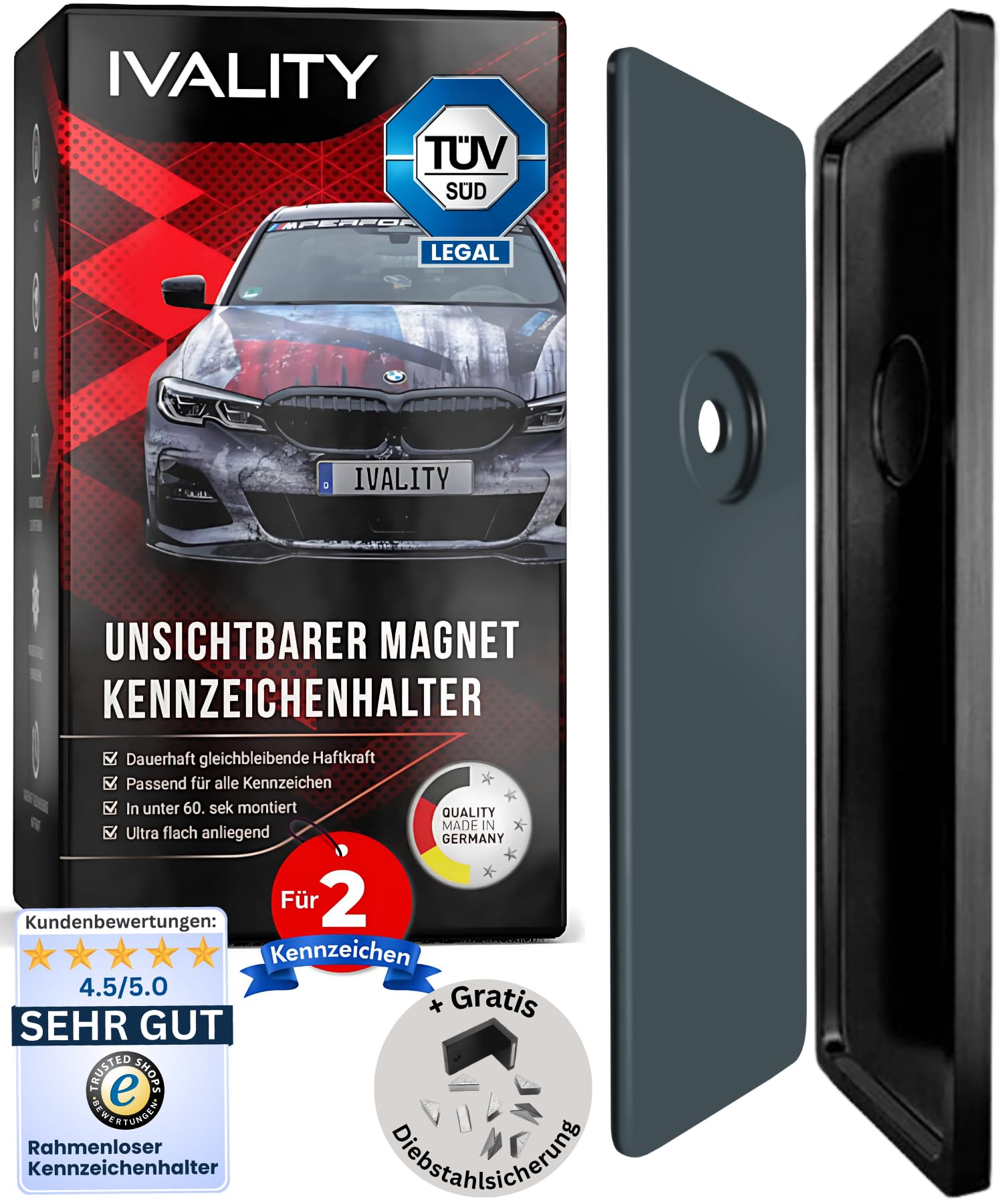 IVALITY® Magnet Kennzeichenhalter Rahmenlos für 2 Kennzeichen | Magnetische Nummernschildhalterung Auto | Kennzeichenhalterung Nummernschildhalter | Österreich Wechselkennzeichen von Ivality