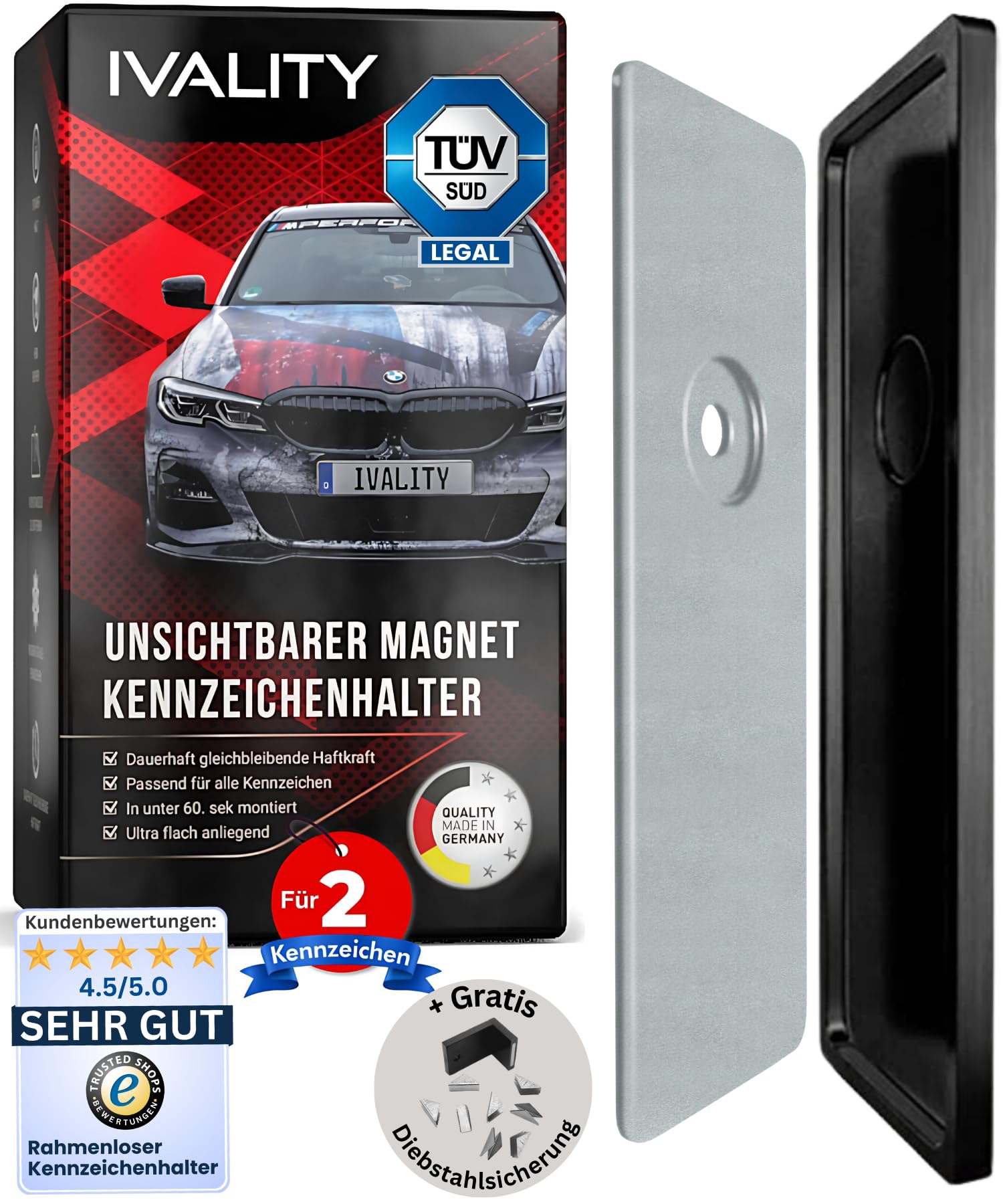 IVALITY® Magnet Kennzeichenhalter Rahmenlos für 2 Kennzeichen | Magnetische Nummernschildhalterung Auto | Kennzeichenhalterung Nummernschildhalter | Österreich Wechselkennzeichen IVALITY® Magnet Kennzeichenhalter Rahmenlos für 2 Kennzeichen | Magnetische Nummernschildhalterung Auto | Kennzeichenhalterung Nummernschildhalter | Österreich Wechselkennzeichen von Ivality