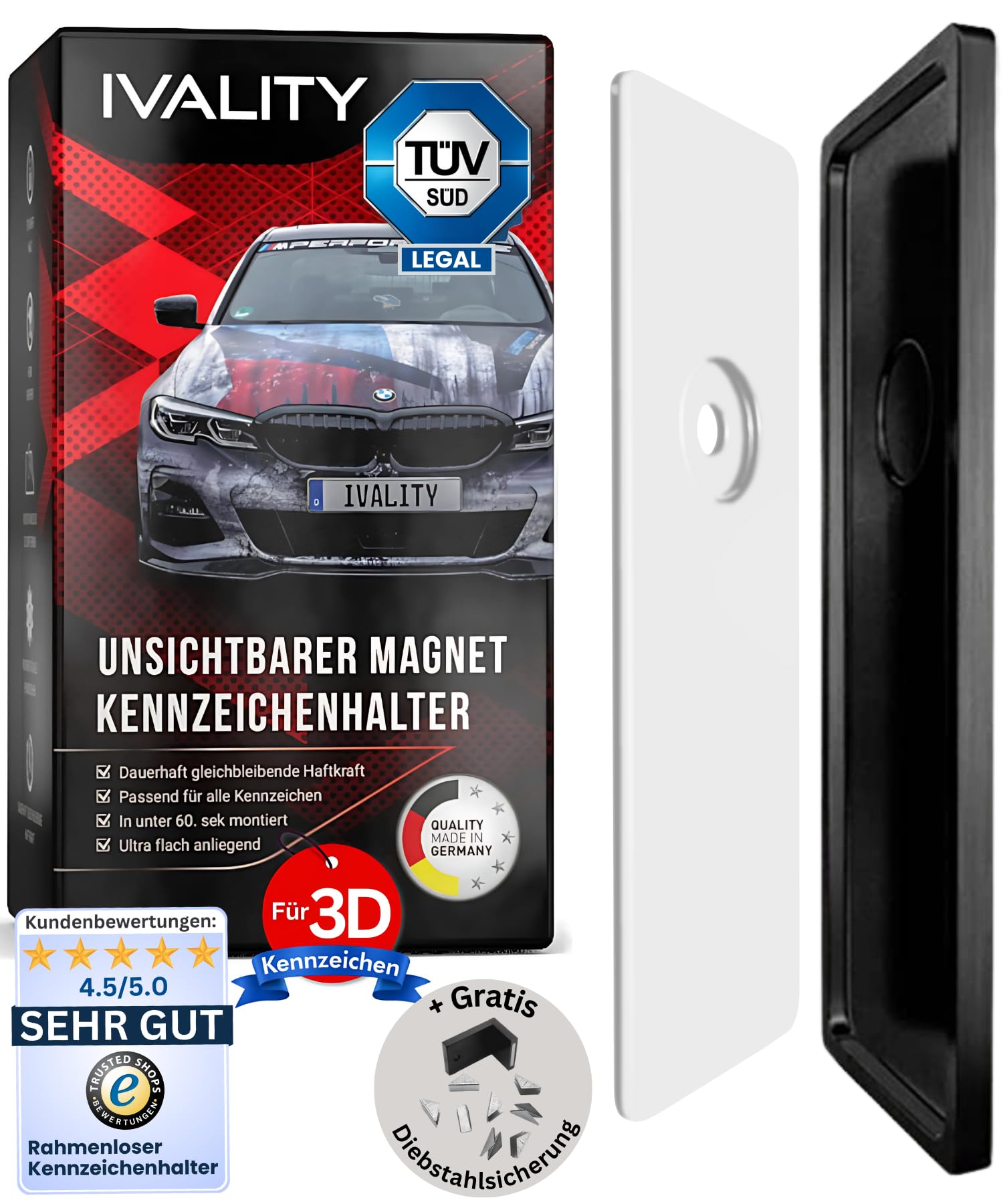 IVALITY Magnetischer Kennzeichen-Halter - Rahmenloser Magnet-Halter für 1x 3D-Kennzeichen - Nummernschild-Halterung - Wechselkennzeichen Auto-Zubehör IVALITY Magnetischer Kennzeichen-Halter - Rahmenloser Magnet-Halter für 1x 3D-Kennzeichen - Nummernschild-Halterung - Wechselkennzeichen Auto-Zubehör von Ivality