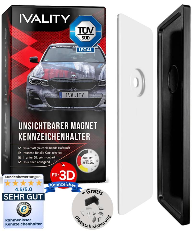 IVALITY Magnetischer Kennzeichen-Halter - Rahmenloser Magnet-Halter für 1x 3D-Kennzeichen - Nummernschild-Halterung - Wechselkennzeichen Auto-Zubehör von Ivality