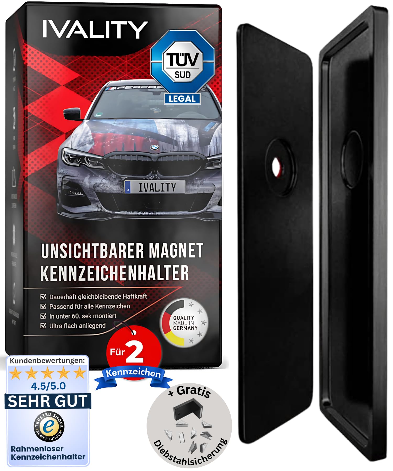 IVALITY® Magnet Kennzeichenhalter Rahmenlos für 2 Kennzeichen | Magnetische Nummernschildhalterung Auto | Kennzeichenhalterung Nummernschildhalter | Österreich Wechselkennzeichen von Ivality