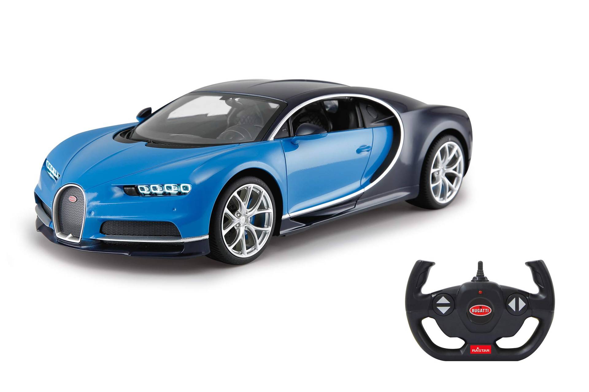 JAMARA 405135 - Bugatti Chiron 1:14 2,4Ghz - offiziell lizenziert, bis 1 Std. Fahrzeit bei 11 Kmh, LED, Perfekt nachgebildete Details, detaillierter Innenraum,hochwertige Verarbeitung, Blau von JAMARA