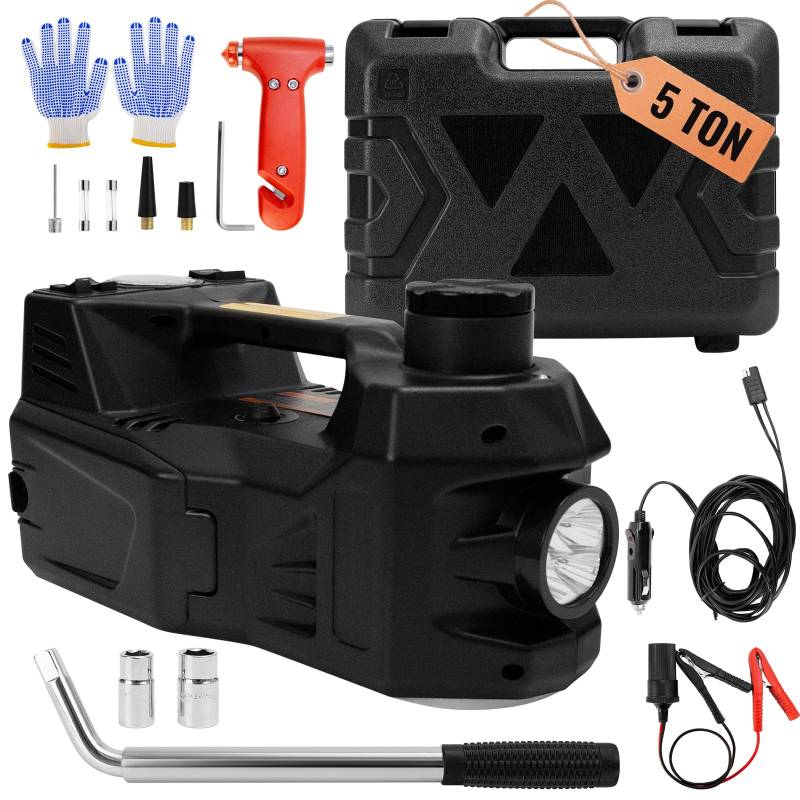 Elektrischer Wagenheber 5T, 12V Hydraulischer Wagenheber (Hubbereich: 15,5-45 cm) 4 in 1 Automatik Elektro Wagenheber mit Drehmomentschlüssel, Reifenfüllpumpe und LED-Taschenlampe von JAOGAUS