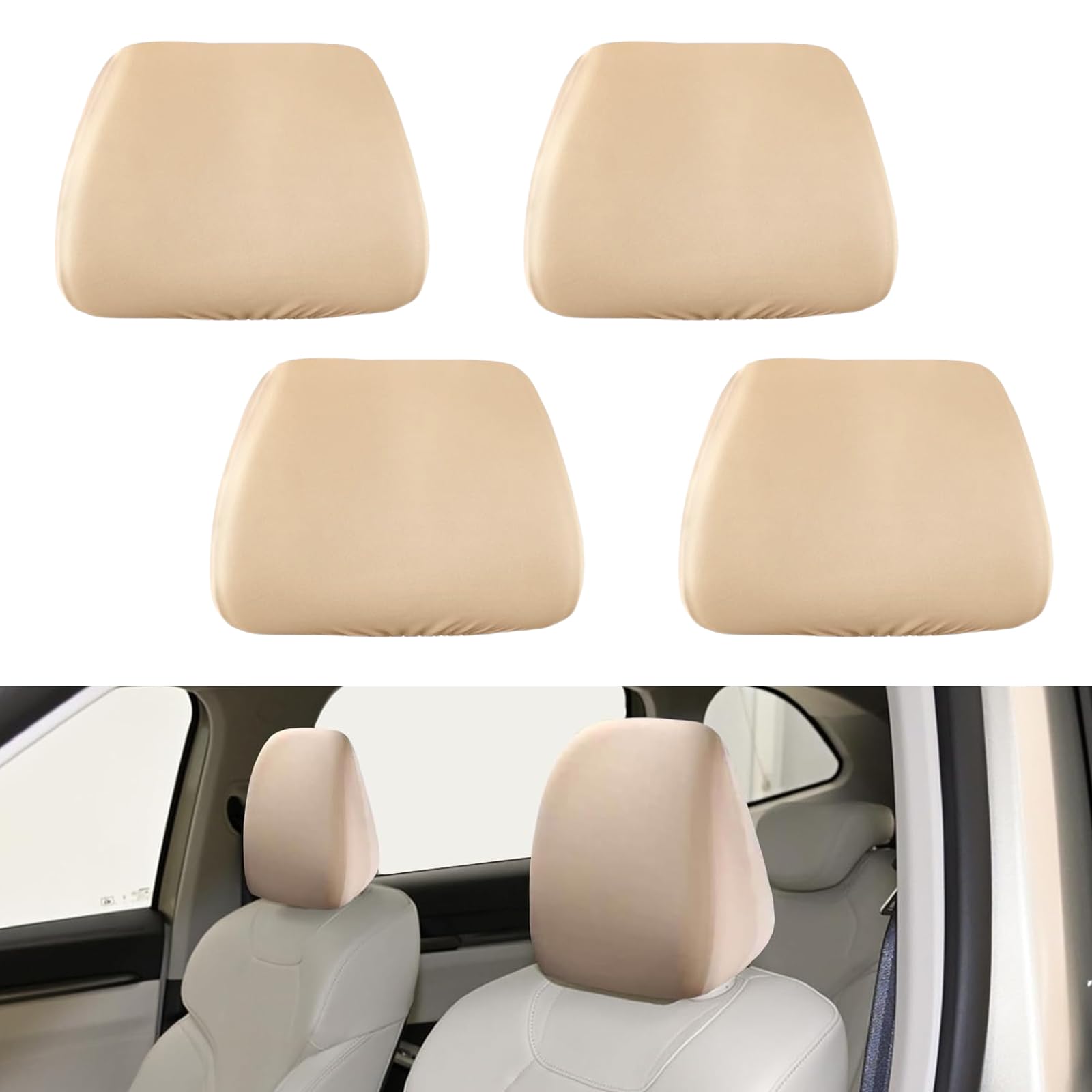 JAONLD Kopfstützenbezüge Auto 4 Stück Universal Kopfstützenbezug Auto Elastische Kopfstützenschoner Atmungsaktiv und Flexibel Staubdicht und Waschbar Geeignet für LKW, Bus, Auto (Beige) von JAONLD