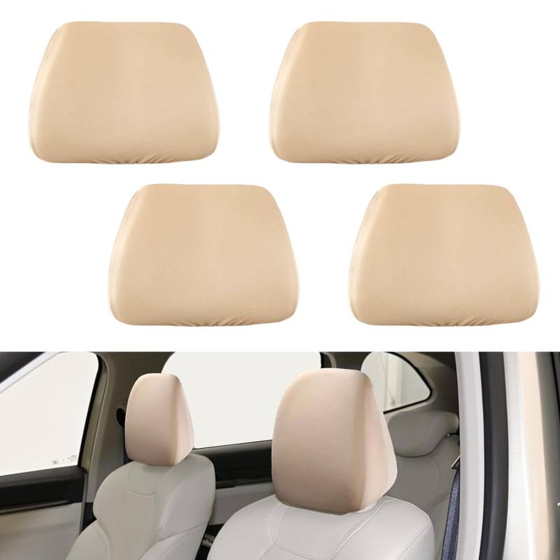 JAONLD Kopfstützenbezüge Auto 4 Stück Universal Kopfstützenbezug Auto Elastische Kopfstützenschoner Atmungsaktiv und Flexibel Staubdicht und Waschbar Geeignet für LKW, Bus, Auto (Beige) von JAONLD