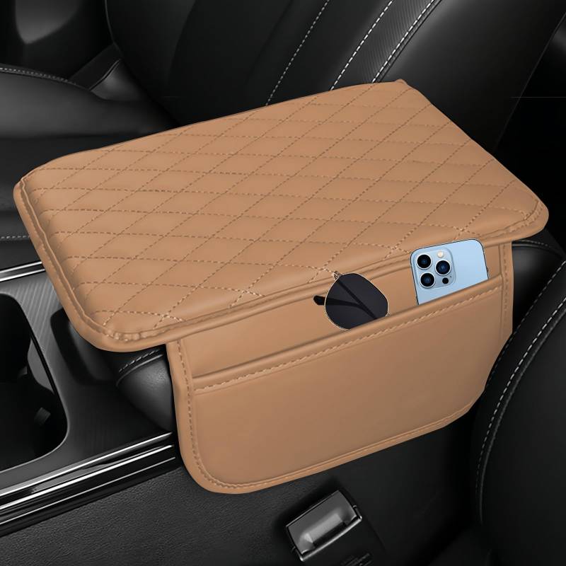 JAONLD Mittelarmlehne Polster Auto Mittelkonsole Armlehne Kissen Leather,Auto Mittelkonsole Polster mit Aufbewahrungstasche für die Meisten Autos,Lieferwagen und SUV(Braun) von JAONLD