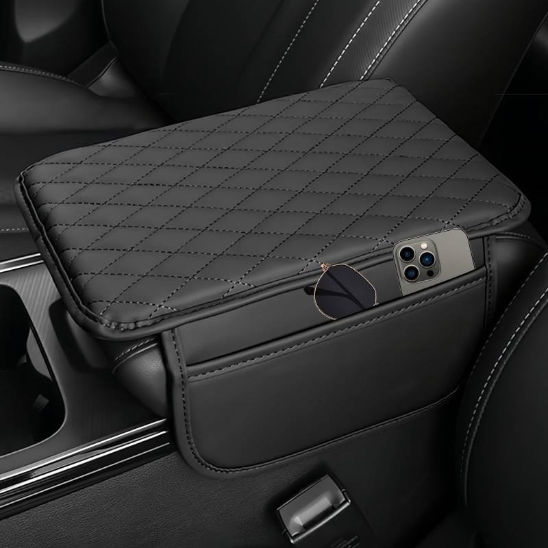 JAONLD Mittelarmlehne Polster Auto Mittelkonsole Armlehne Kissen Leather,Auto Mittelkonsole Polster mit Aufbewahrungstasche für die Meisten Autos,Lieferwagen und SUV(Schwarz) von JAONLD