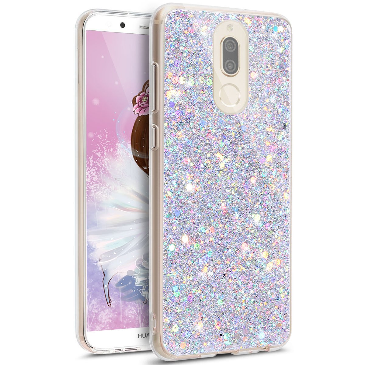 JAWSEU Kompatibel mit Huawei Mate 10 Lite Hülle TPU Silikon Schutzhülle Case Hülle,Luxus Kristall Glitzer Strass Ultra Dünn Handyhülle Silikon TPU Bumper Handytasche Rückseite Hülle Etui,Silber von JAWSEU