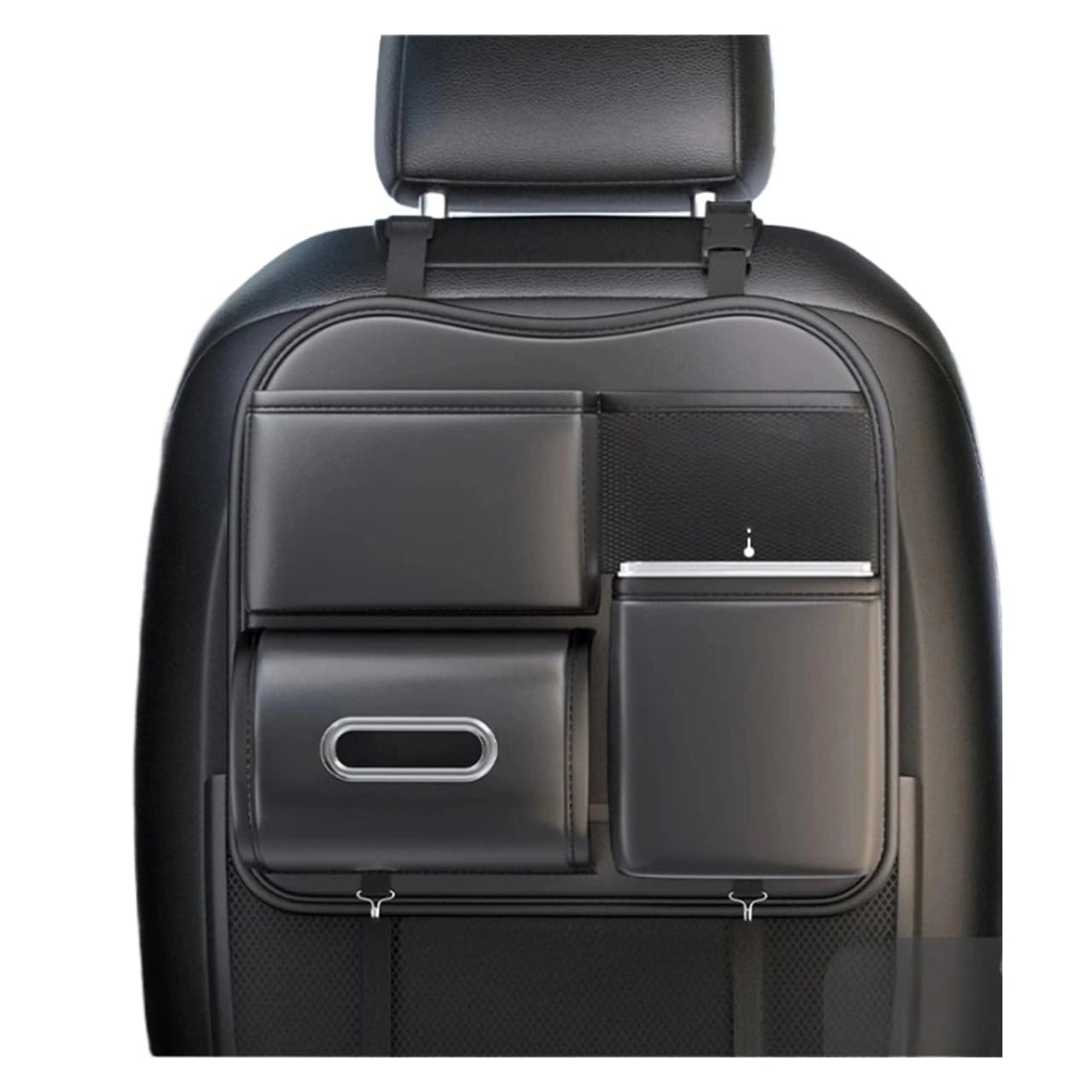 JAYQDZ Aufbewahrungstasche for die Autositzlehne, 6-in-1-Auto-Organizer for die hintere Reihe, Aufbewahrungstasche aus PU-Leder mit Taschentuchhalter und Haken for Aufhängen(Black) von JAYQDZ