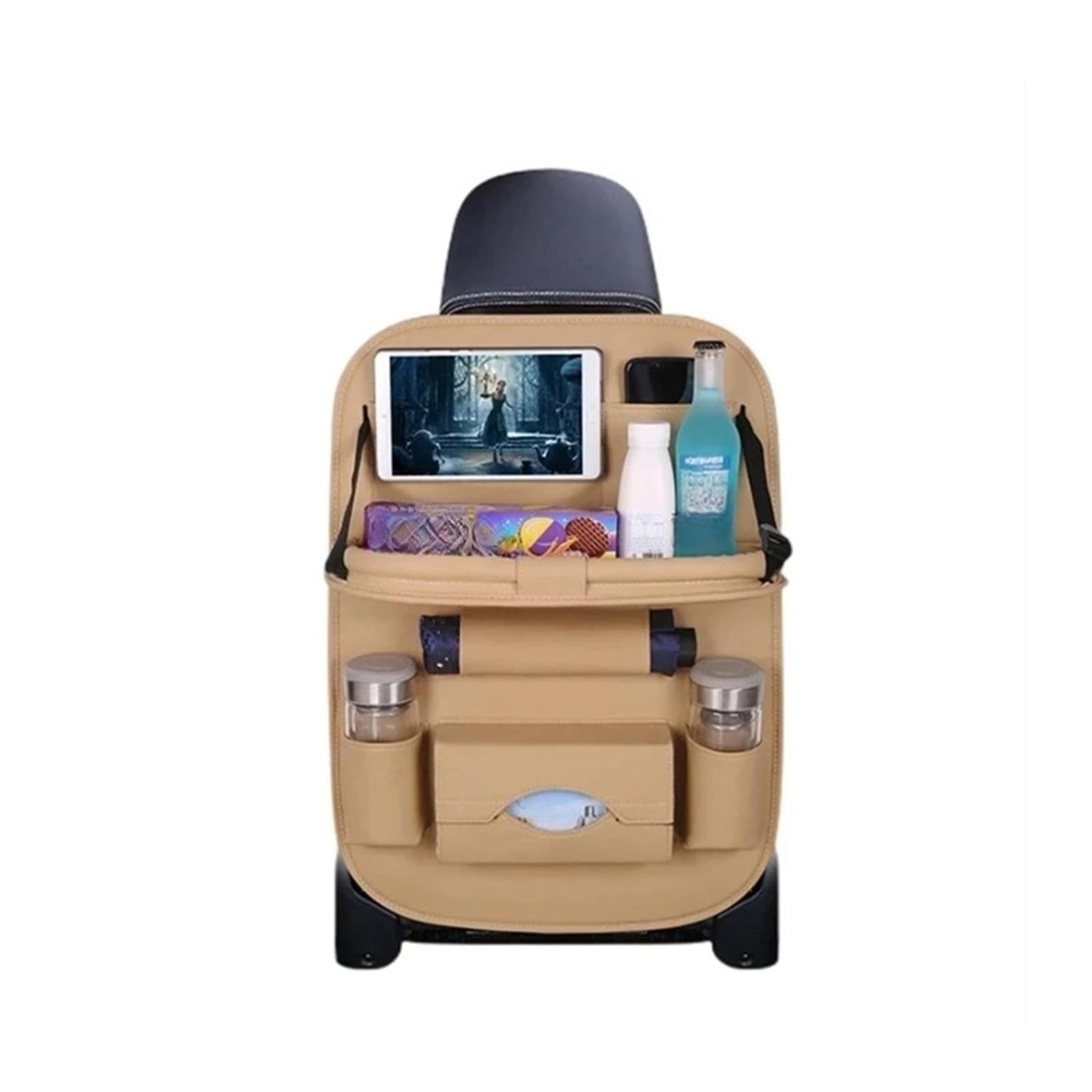JAYQDZ Autositz-Rückenlehnen-Organizer mit faltbarem Tischtablett, Aufbewahrungs-Organizer aus PU-Leder mit Taschen, Trittmatten, Sitzinnenausstattung(Beige with Tray) von JAYQDZ