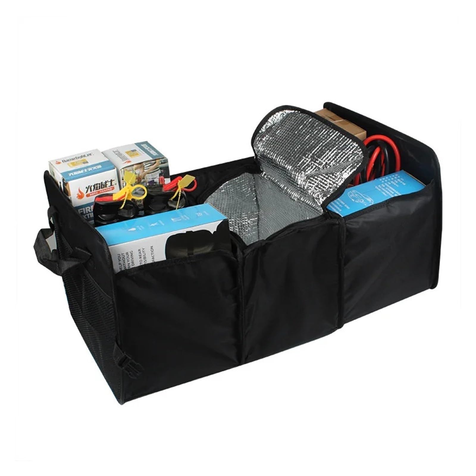 JAYQDZ Tragbarer Kofferraum-Aufbewahrungskofferraum, 3-in-1, faltbar, Kühlset mit Mehreren Fächern, Organizer, zusammenklappbarer Stoffkorb, for Auto, LKW, Kofferraum(Black with Mesh) von JAYQDZ