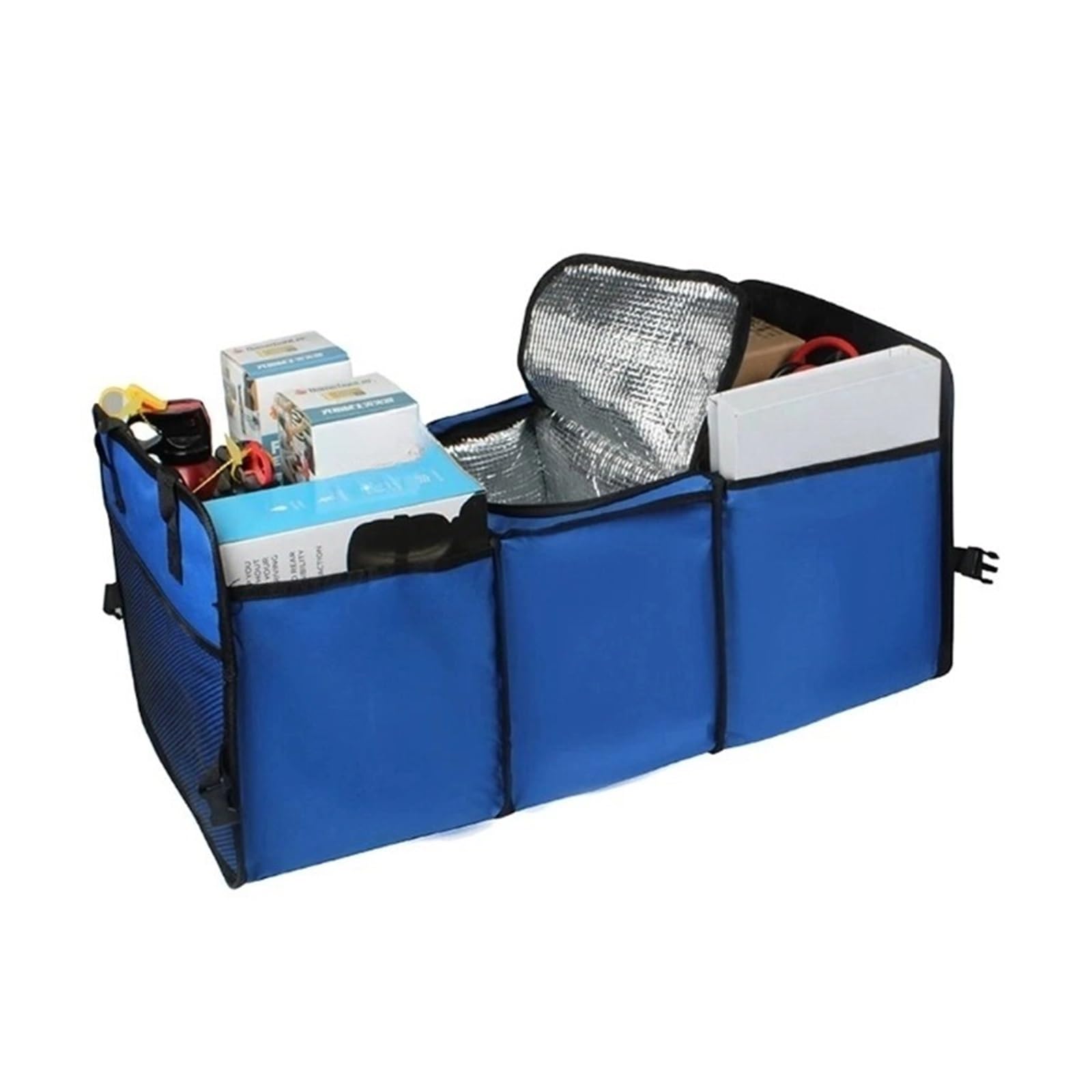 JAYQDZ Tragbarer Kofferraum-Aufbewahrungskofferraum, 3-in-1, faltbar, Kühlset mit Mehreren Fächern, Organizer, zusammenklappbarer Stoffkorb, for Auto, LKW, Kofferraum(Blue with Bag) von JAYQDZ