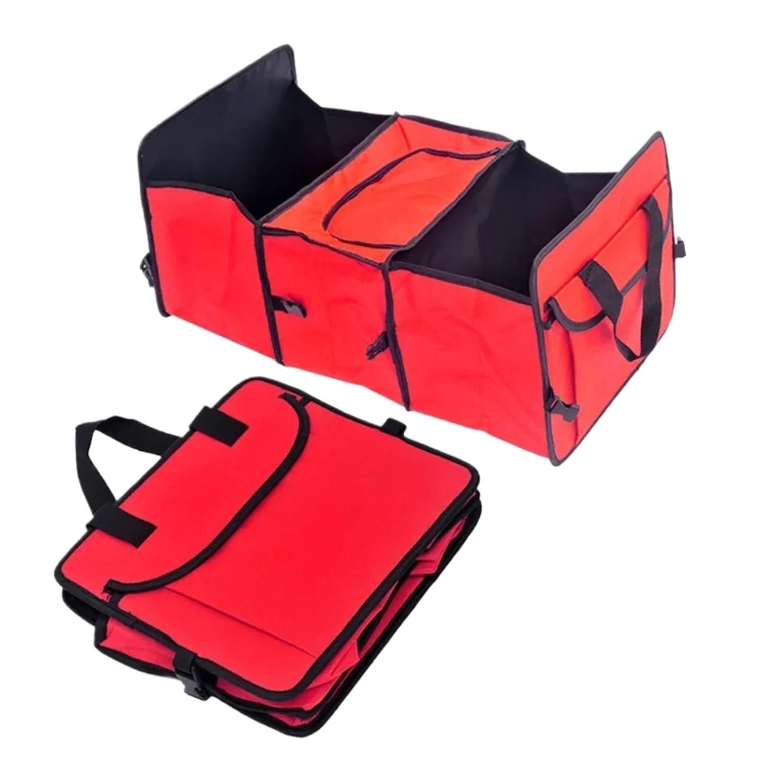 JAYQDZ Tragbarer Kofferraum-Aufbewahrungskofferraum, 3-in-1, faltbar, Kühlset mit Mehreren Fächern, Organizer, zusammenklappbarer Stoffkorb, for Auto, LKW, Kofferraum(Red with Bag) von JAYQDZ