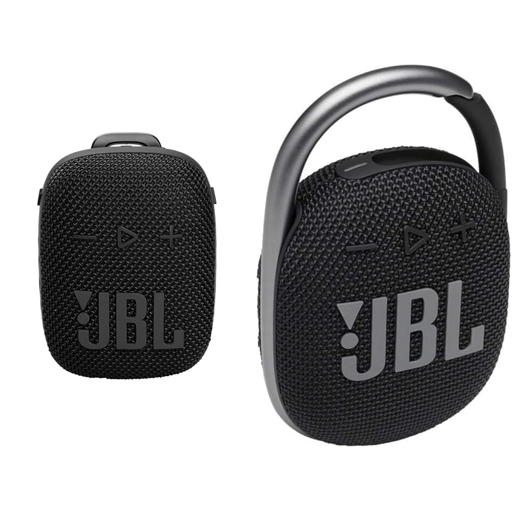 JBL Wind 3S tragbare Bluetooth-Lautsprecher & Clip 4 Bluetooth Lautsprecher in Schwarz – wasserdichte, tragbare Musikbox mit praktischem Karabiner – Bis zu 10 Stunden kabelloses Musik Streaming von JBL
