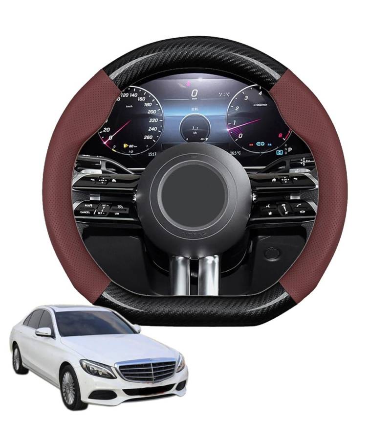 JCPQDWTD Auto Lenkradbezug D-Form für C Class W205 2015-2021 Kohlefaser und Mikrofaser PU Leder Lenkradhülle Atmungsaktiv Anti-Rutsch Sommer Winter Auto Zubehör Interieur(Wine red) von JCPQDWTD