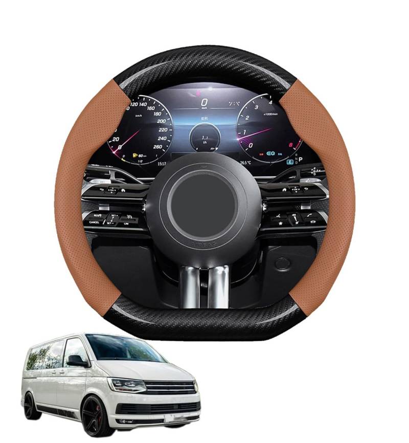 JCPQDWTD Auto Lenkradbezug D-Form für Caravelle/Multivan/Transporter T6 Kohlefaser und Mikrofaser PU Leder Lenkradhülle Atmungsaktiv Anti-Rutsch Sommer Winter Auto Zubehör Interieur(Light Brown) von JCPQDWTD